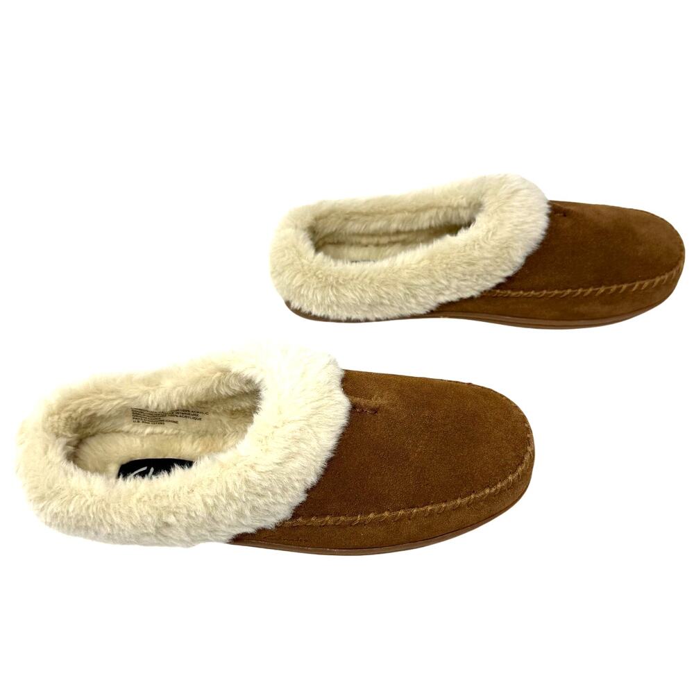 Clarks Size 8 Leather Slippers Slip On Comfort Shoes Brown Fuzzy Lined Clogs - Picture 3 of 8